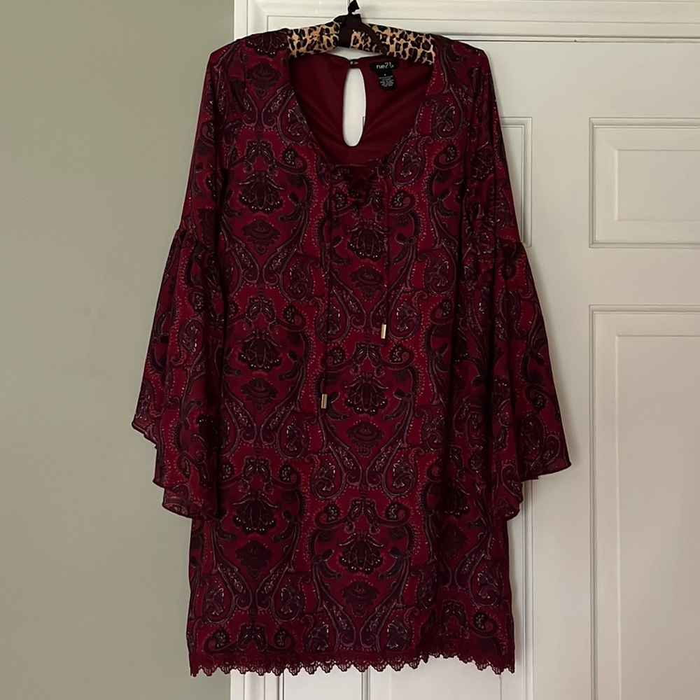 BoHo Maroon Paisley Country Dress Small Bell Sleeves
